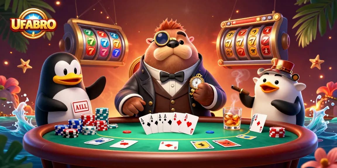 UFABRO offers an engaging poker scene with a jolly walrus, penguin dealer, and a bluffed pufferfish.
