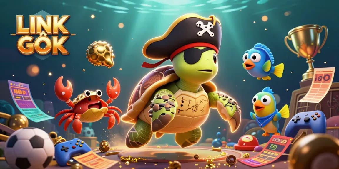 Experience LINK GỐC with dynamic characters and casino-themed sports betting elements in an underwater adventure.