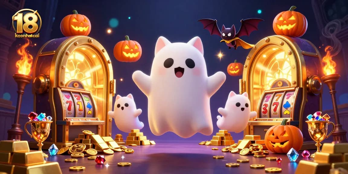 Engage with keonhacai 18's thrilling casino experience featuring ghostly characters and vibrant slot game elements.