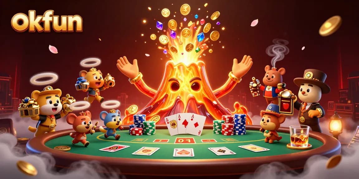 okfun players celebrating a jackpot win with golden lava and treasure in a lively casino scene