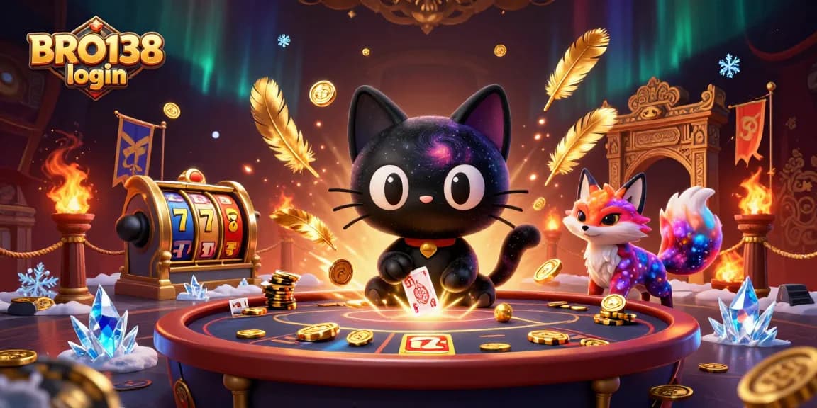 Engage in thrilling gaming at BRO138 login with a cosmic casino scene featuring vibrant characters and slot elements.
