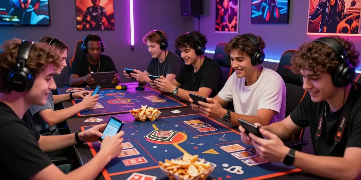 Exciting online gaming environment featuring game bài 68 enthusiasts engaged in competitive play with devices, snacks, and a vibrant atmosphere.