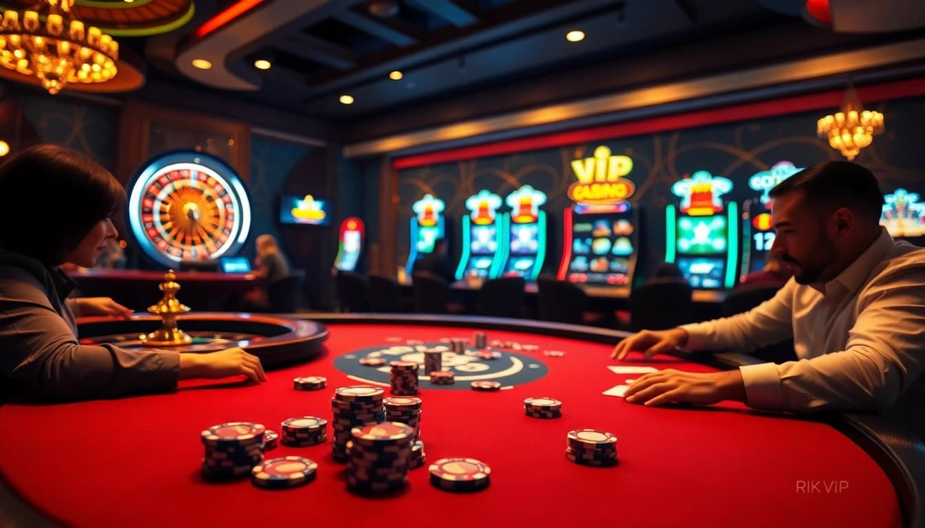 Experience the thrill at Rik Vip's luxurious poker table with excited players and vibrant casino elements.