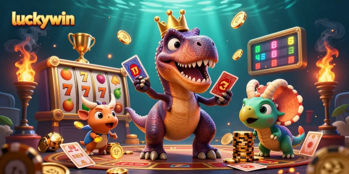 Experience the excitement of luckywin with a T-Rex shuffling cards in a dynamic casino scene filled with gold coins and jackpots.