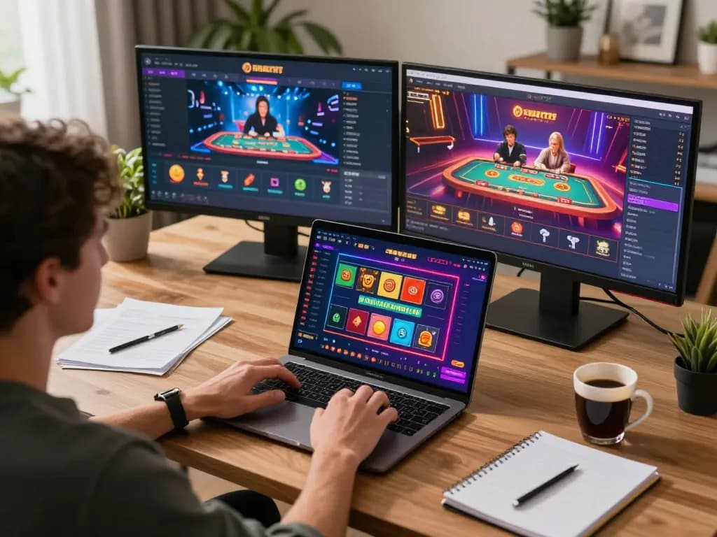Engaging in online gambling with RR88 on a laptop, showcasing vibrant casino game interface.