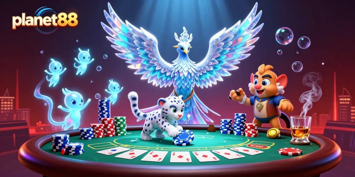 Experience thrilling gameplay at planet88 with an ice phoenix and poker chips in an enchanting casino scene.