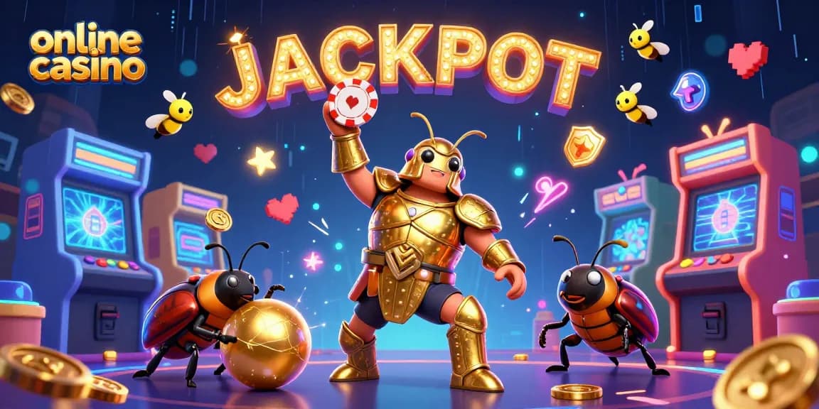 Engage in an online casino adventure with a heroic beetle lifting a poker chip in triumph.