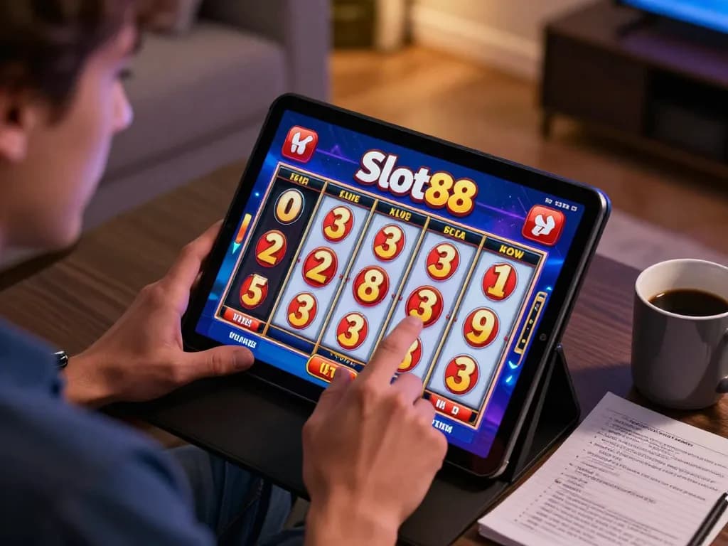 Engaged player enjoying Slot88 online slots with excited win notifications in a cozy atmosphere