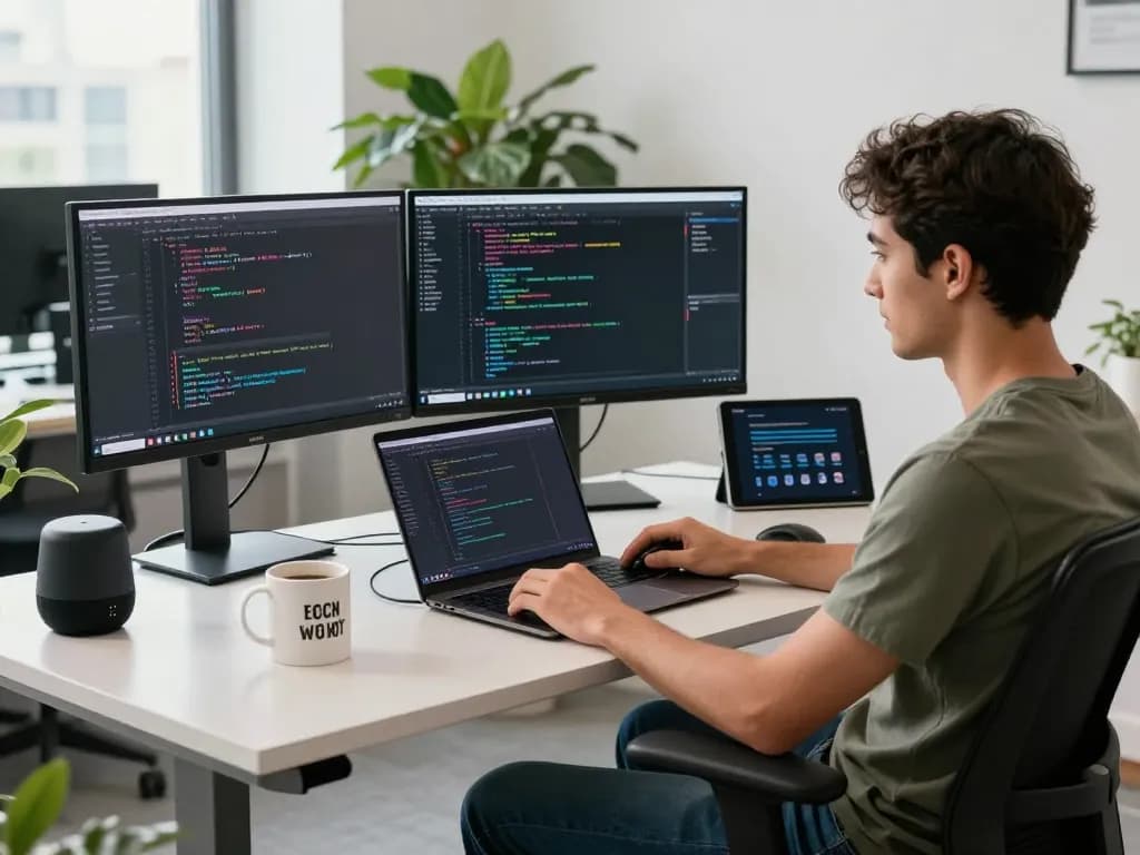 Software developer programming the clawbot in a modern workspace with multiple monitors and bright lighting
