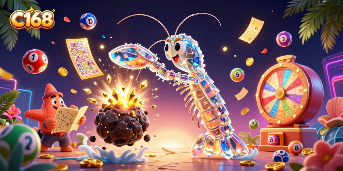 Engage in thrilling gaming at C168 with vibrant lottery balls and a dynamic prize wheel surrounded by energetic characters.