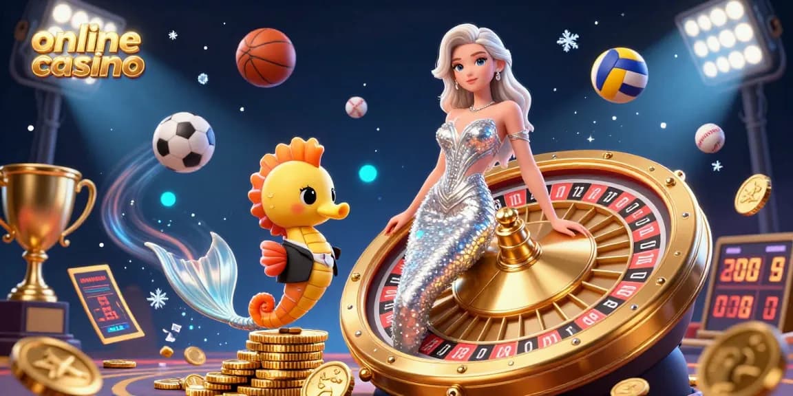 Engage with the exciting online casino scene featuring a glamorous woman beside a roulette wheel and a cute seahorse, showcasing dynamic gaming elements.