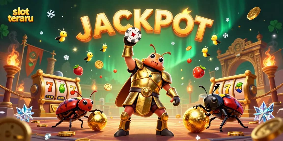 Spin the latest jackpot on slot terbaru with our vibrant 3D illustration featuring winning beetles and golden tokens.