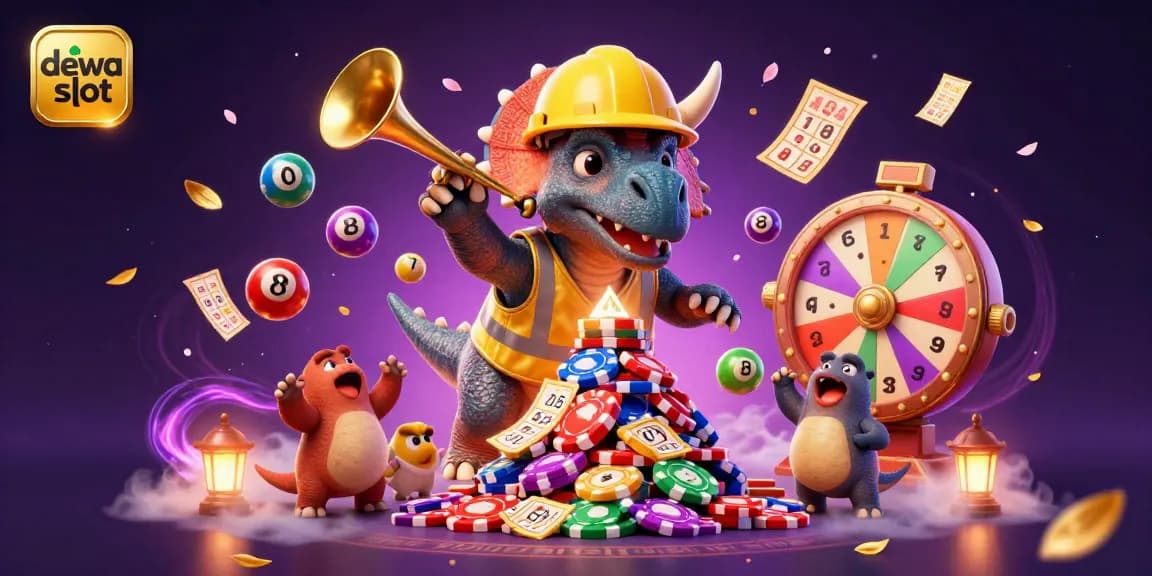 Dewa slot celebrates with a 3D cartoon triceratops and a parasaurolophus surrounded by dynamic gambling elements and vibrant visuals.