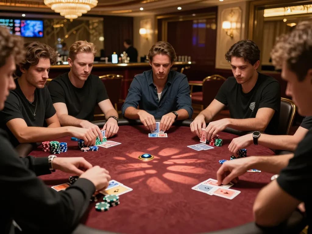 Taisunwin players strategizing a winning hand at an upscale poker table in a vibrant casino.