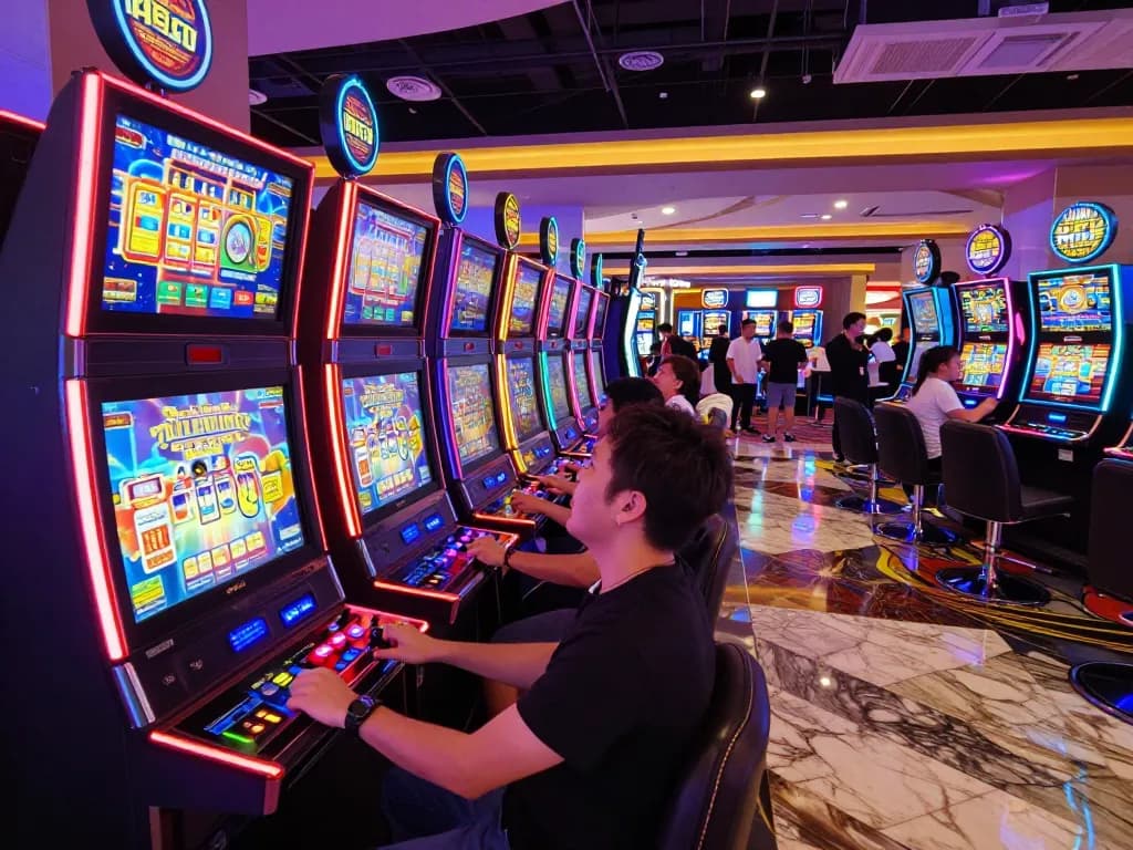 Engaged players at situs slot machines celebrating wins with colorful displays.