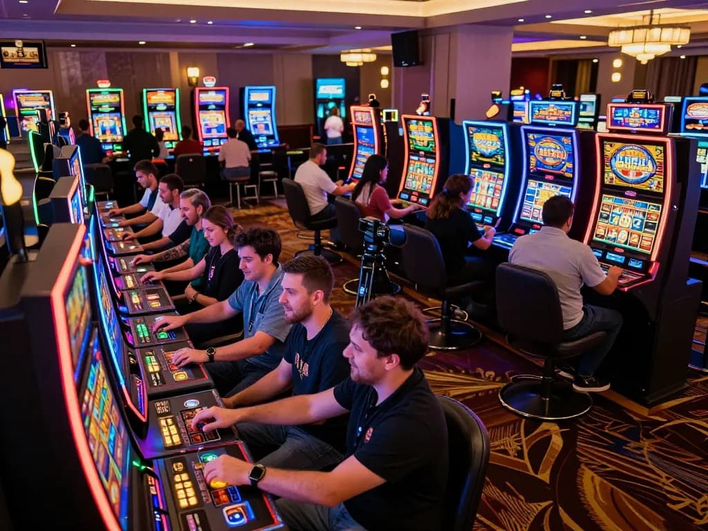 Exciting gaming moment on situs slot mahjong with players engaging at vibrant slot machines, colorful atmosphere