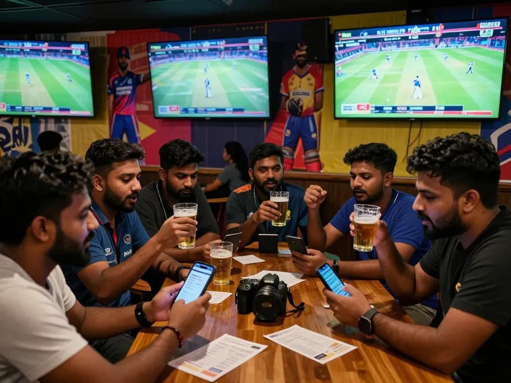 Exciting scene of JeetBangla cricket betting at a vibrant sports bar with fans cheering and placing bets.