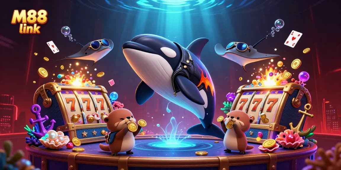 Win big with M88 link in this dynamic casino scene featuring vibrant characters and colorful elements.