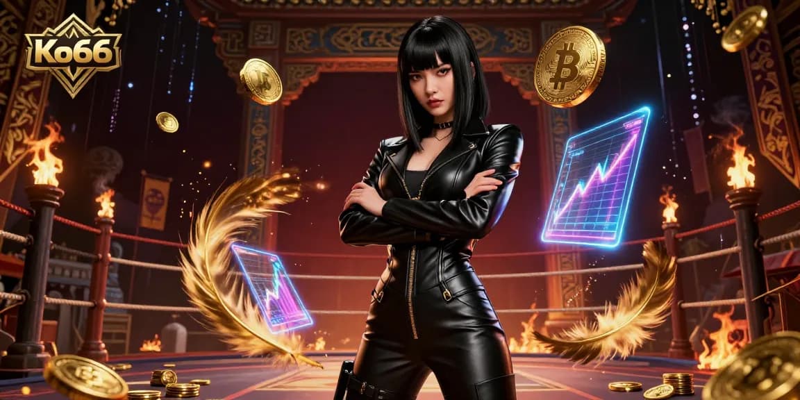 Engage in exciting games at Ko66, featuring a powerful Asian woman amidst crypto coins and gaming elements.