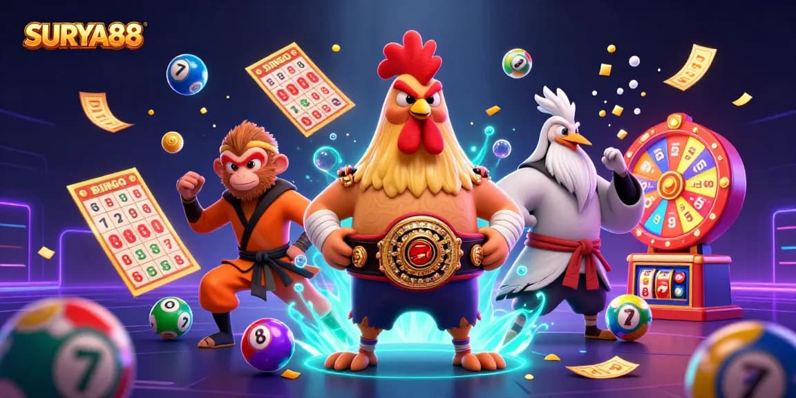 SURYA88 brings excitement with a fierce Muay Thai rooster and Shaolin monkey, surrounded by vibrant casino elements.