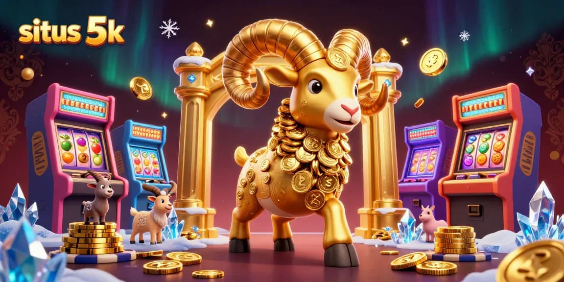 Experience the excitement of situs 5k with a golden ram charging through a vibrant casino scene filled with slot reels.