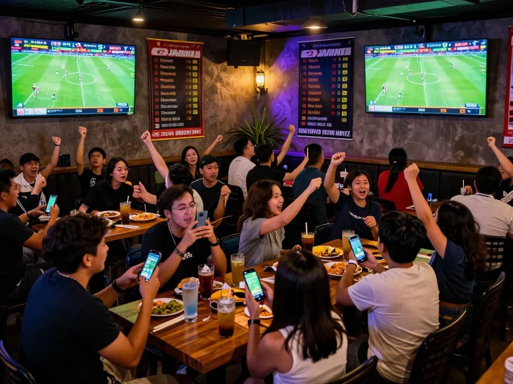 Fans checking keo nha cai updates while enjoying live sports in a vibrant sports bar setting.