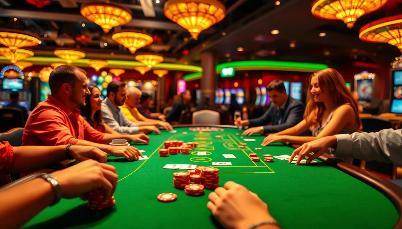 Akun Depo 5k menyajikan suasana kasino yang meriah dengan pemain terlibat dalam permainan kartu.