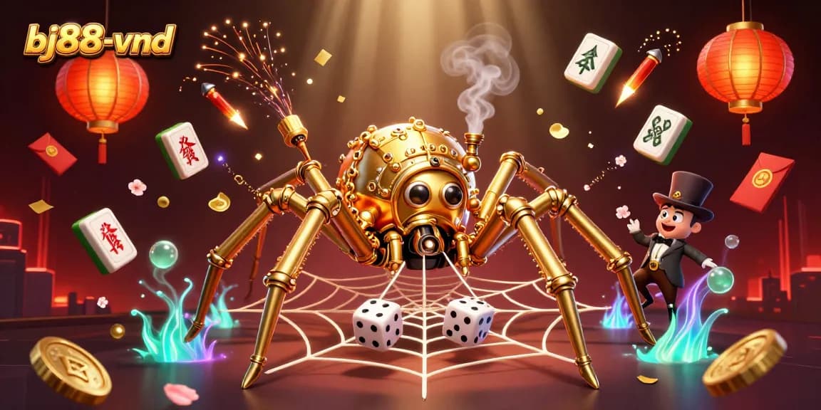 Experience the excitement of bj88-vnd with a vibrant 3D illustration of a steampunk spider and fly in a casino-themed web.
