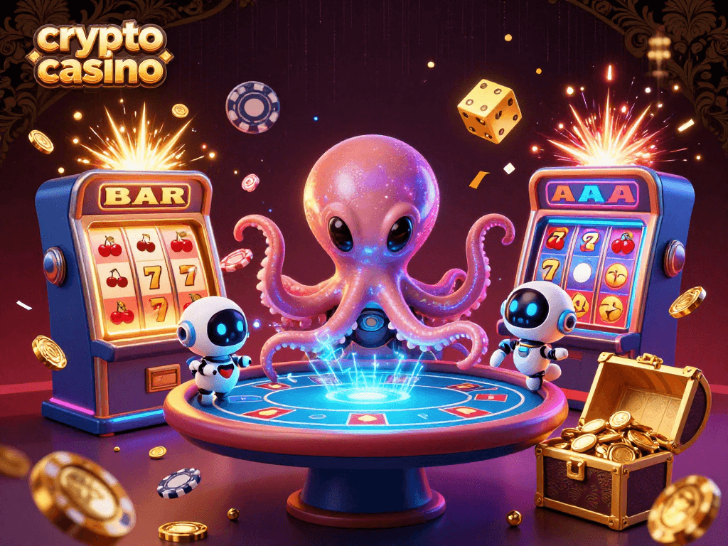 Engaging crypto casino scene with an alien octopus, poker table, and dazzling slot machines