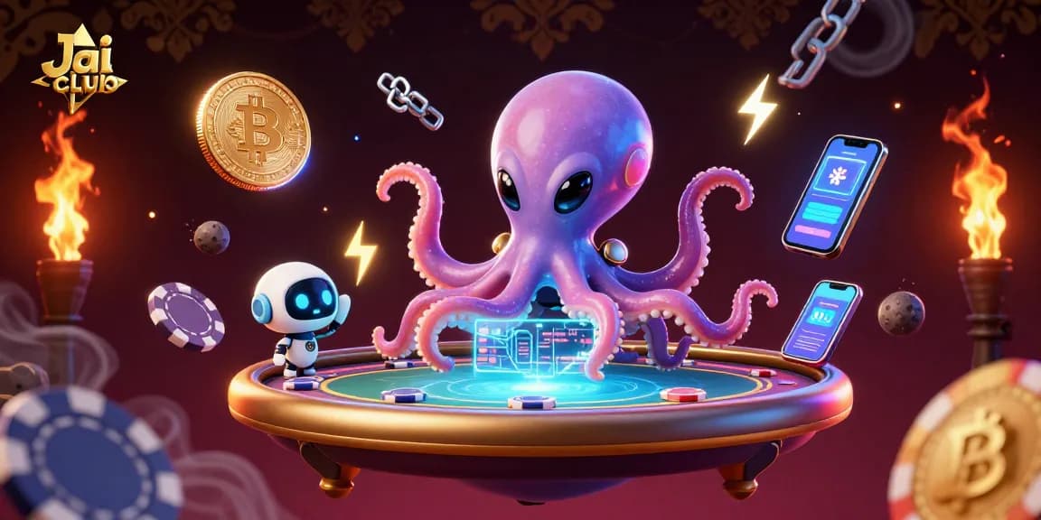 Engage with Jai club and its crypto casino features in this vibrant 3D cosmic scene.