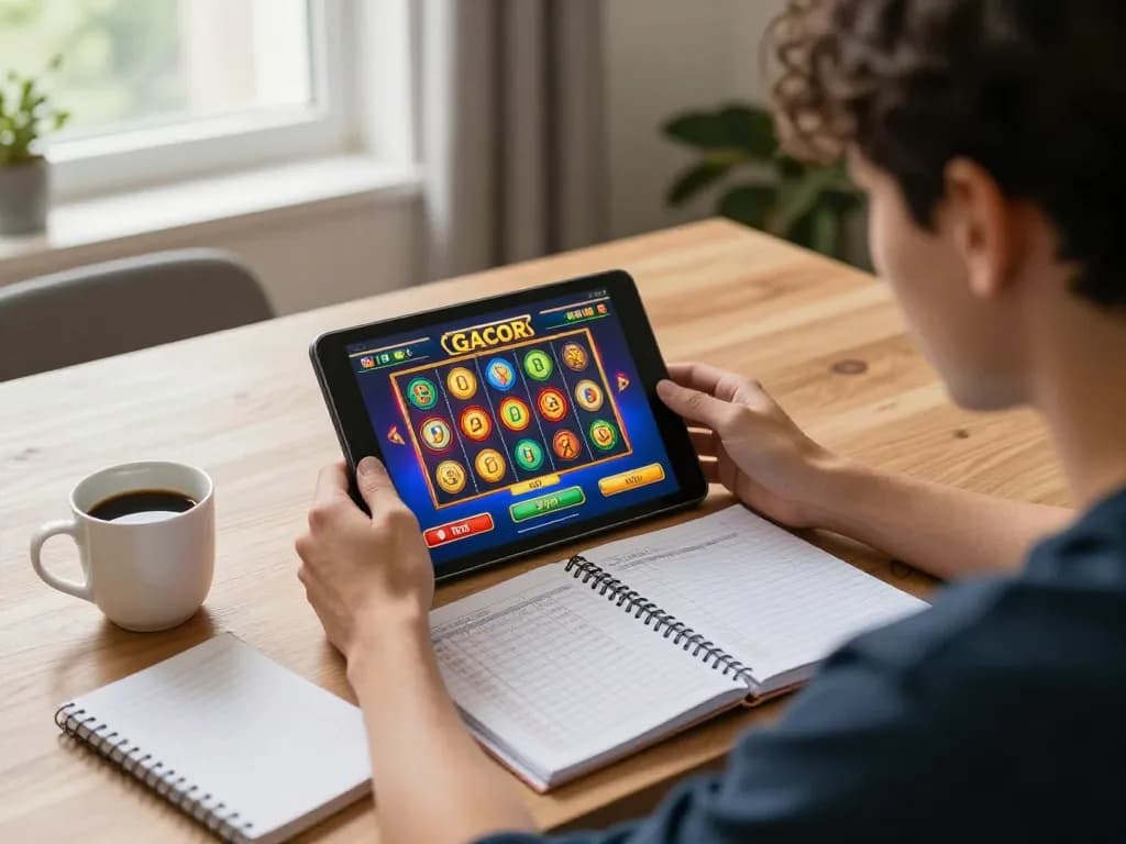 Engaging session featuring slot gacor on tablet during cozy home gaming.