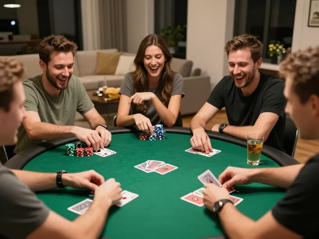 Friends engaging in an exciting poker game at home, showcasing a lively atmosphere with rikvip branding.