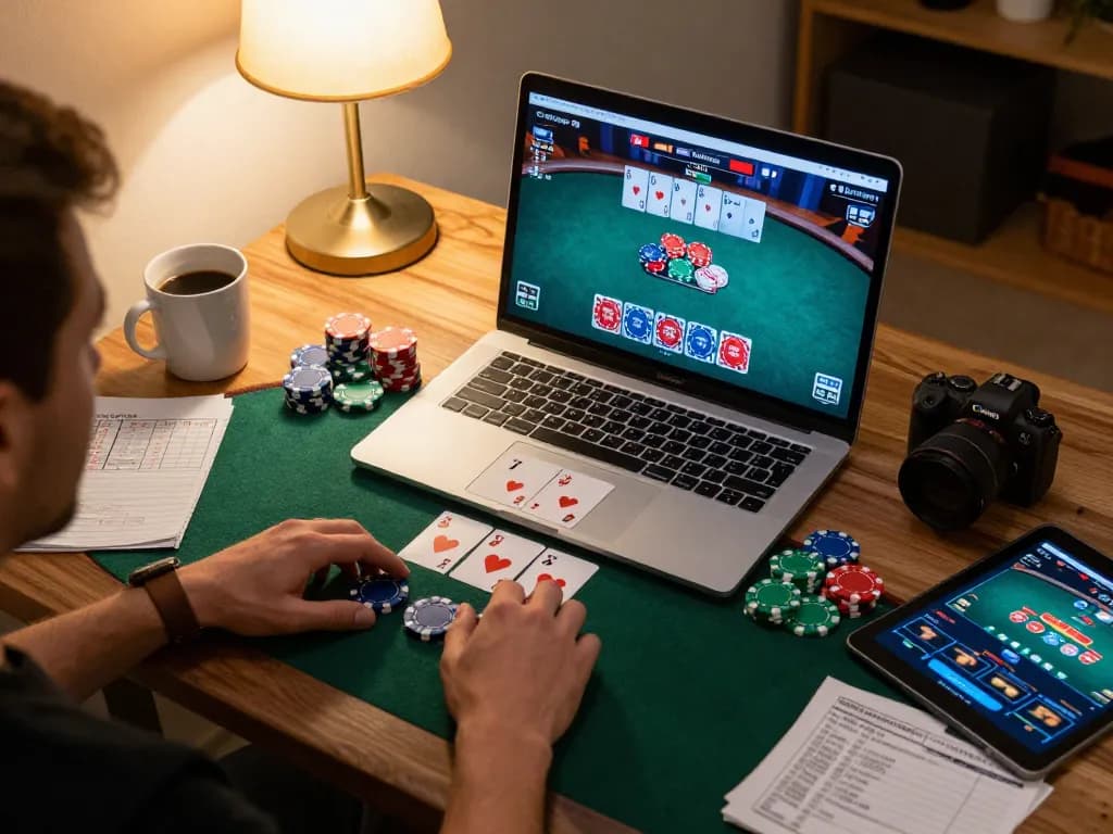 Engaged player strategizing with keonhacai during an online poker game in a cozy home ambiance.