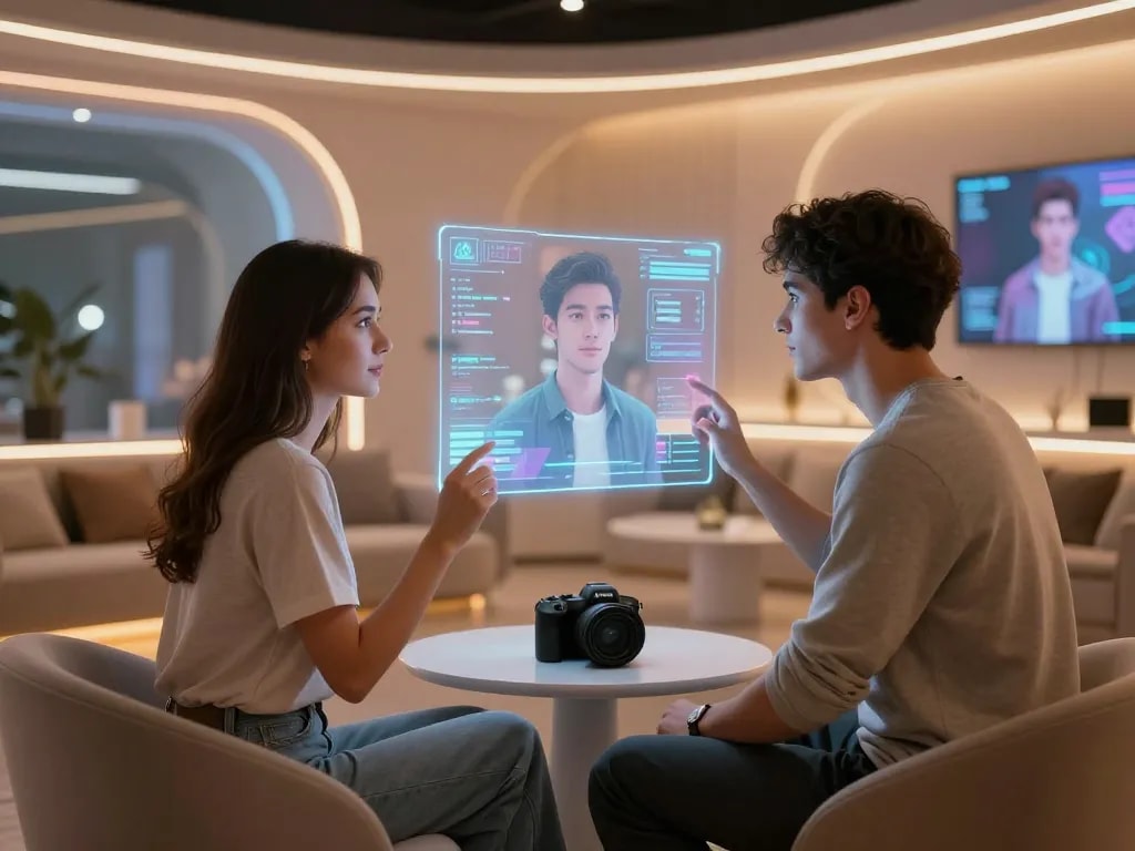 Engaging ai sex interaction in a futuristic digital intimacy setting with virtual companions.