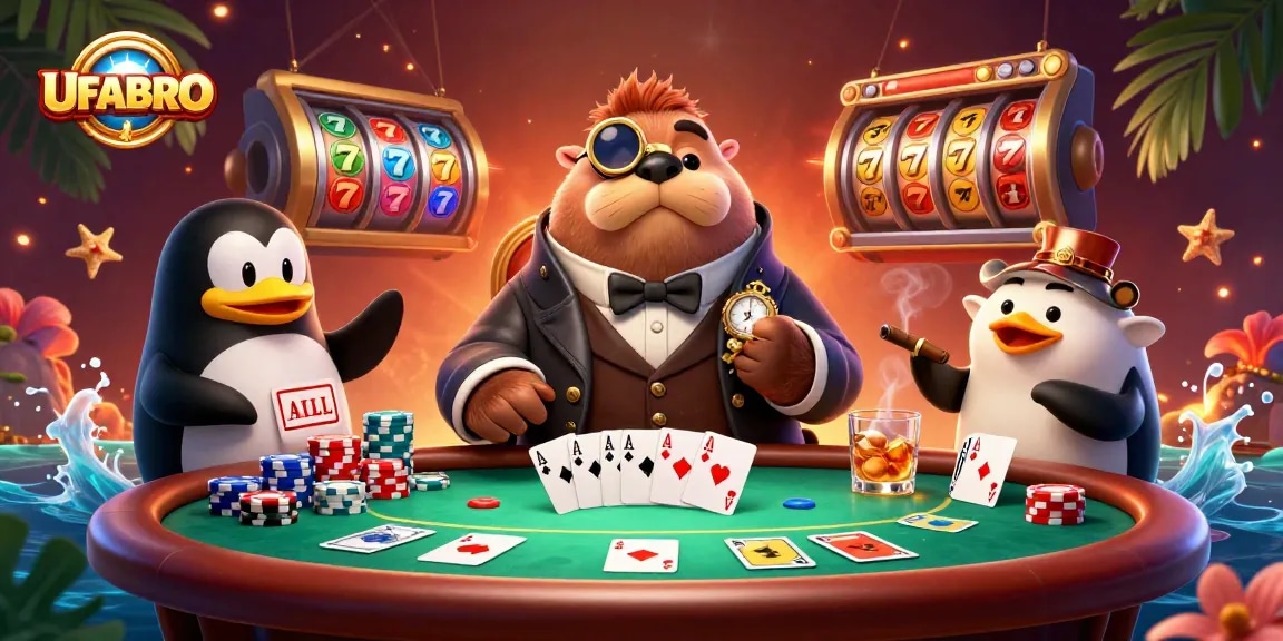 UFABRO offers an engaging poker scene with a jolly walrus, penguin dealer, and a bluffed pufferfish.