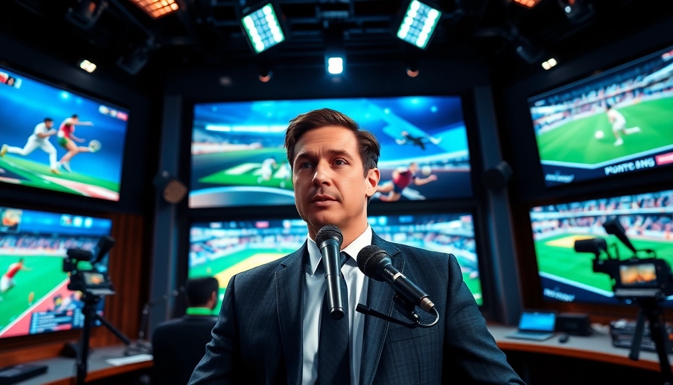 Engaging sports broadcasting presentation with a broadcaster in a high-tech studio.