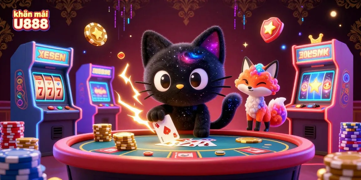 Engage with khuyến mãi U888 at a cosmic casino table, where a black hole cat and nebula fox charm users in a vibrant gambling scene.