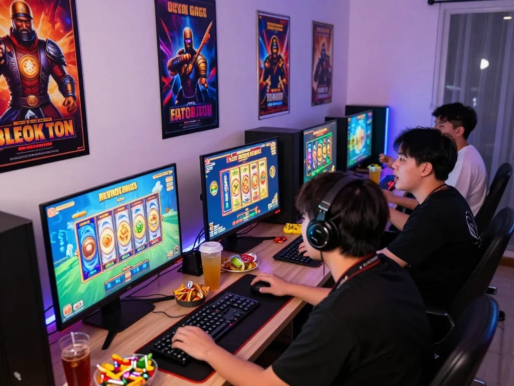 Engaged players exploring slot gacor games on vibrant computer screens with snacks and drinks, highlighting the fun gaming atmosphere.