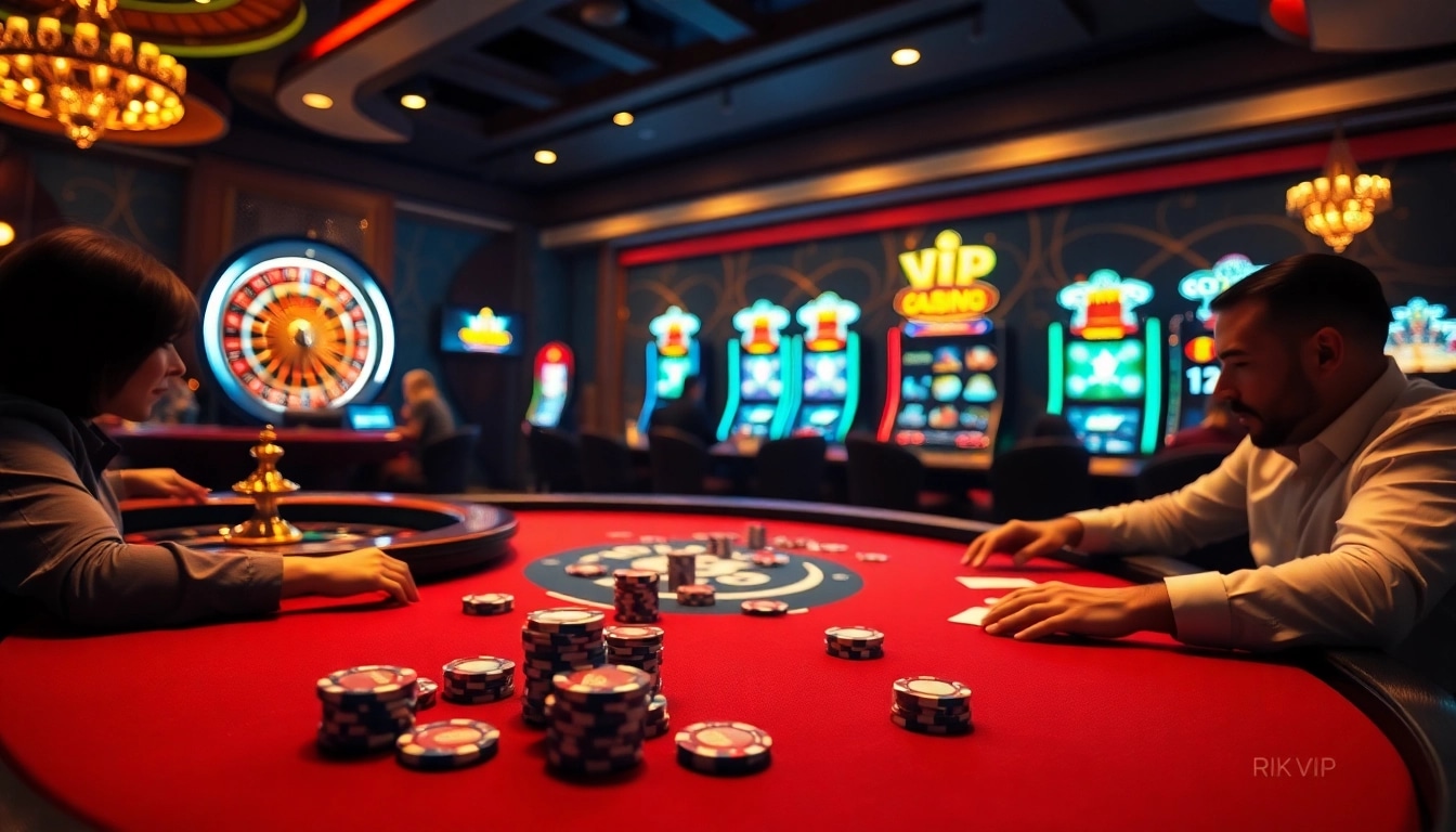 Experience the thrill at Rik Vip's luxurious poker table with excited players and vibrant casino elements.