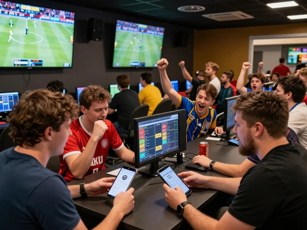 Fans celebrating at a hit club sports betting venue, excitedly reviewing their betting strategies and wins