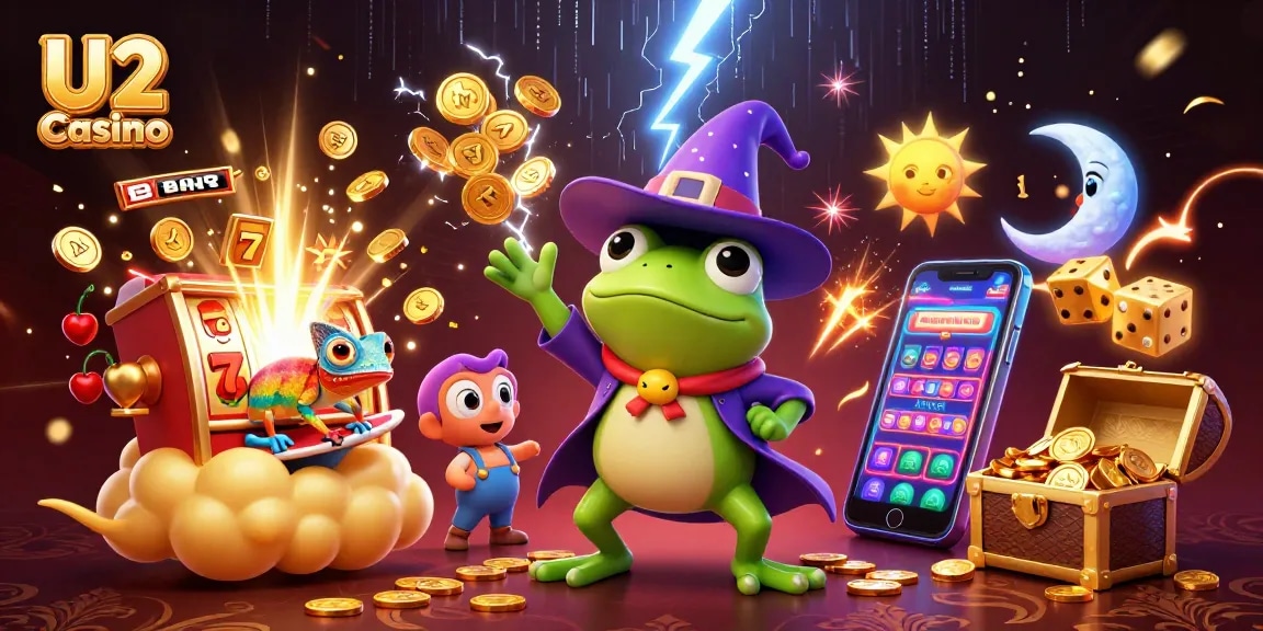 Celebrate wins at U2 Casino with exciting cartoon characters amidst a storm of golden coins.