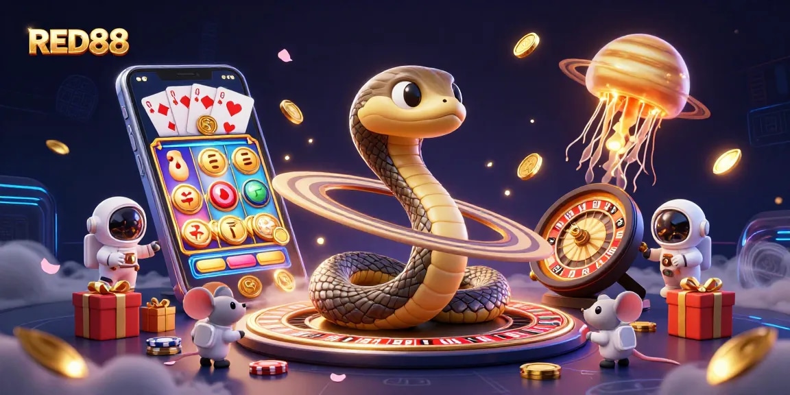 Engage with RED88 as astronaut mice bet on a cosmic roulette wheel in a vibrant casino scene.