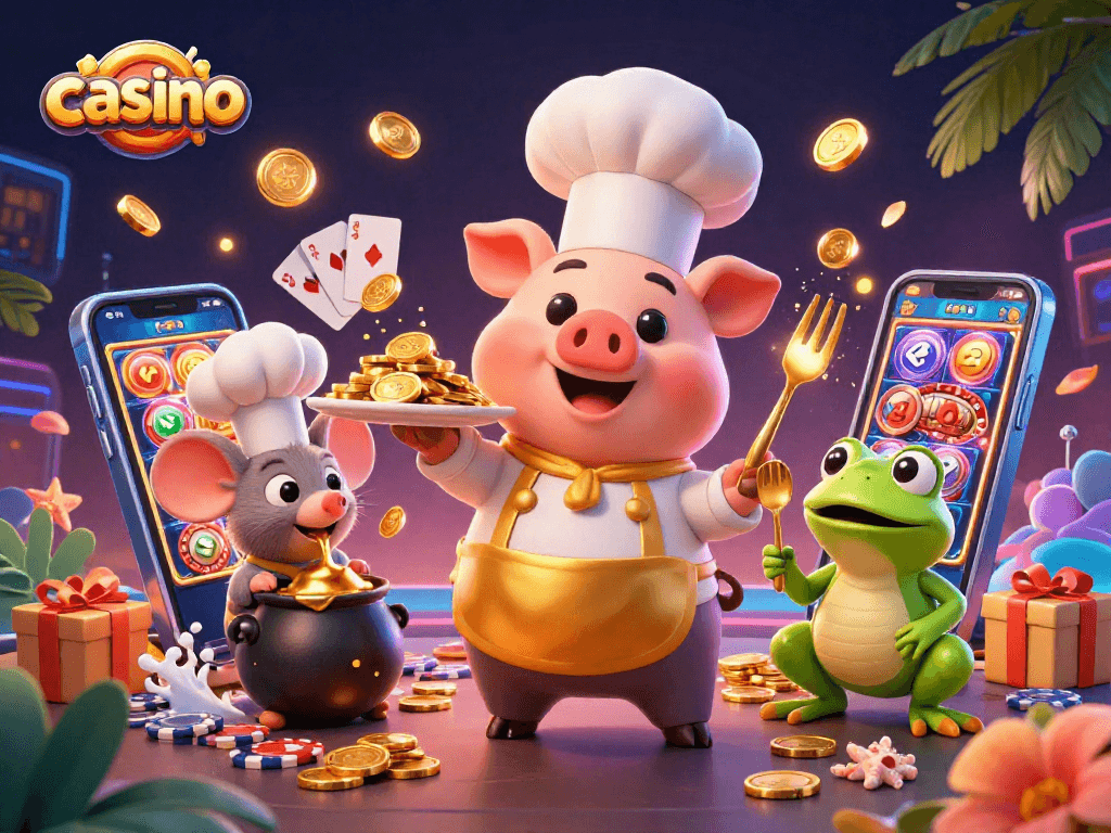 Play and win at the casino with a chef pig serving gold coins amidst vibrant slot games.