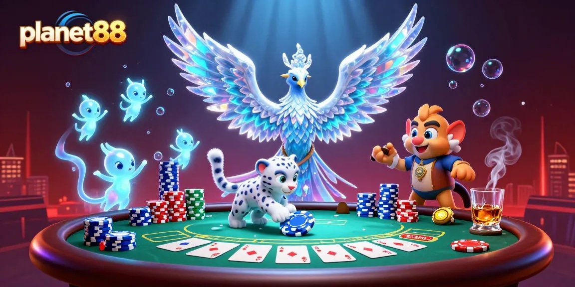 Experience thrilling gameplay at planet88 with an ice phoenix and poker chips in an enchanting casino scene.