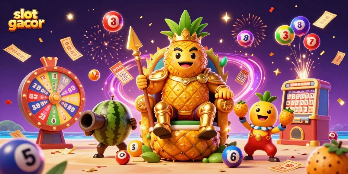 Slot gacor berpadu dengan raja nanas dan elemen kasino berwarna-warni untuk permainan yang menyenangkan.