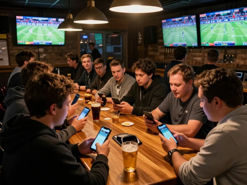 Exciting friends placing bets on mobile apps during sports events at a bar, m121