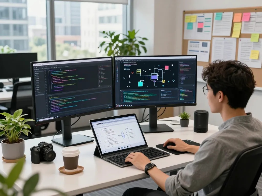 Dynamic workspace showcasing Clawbot interface on dual monitors, reflecting innovative AI development.