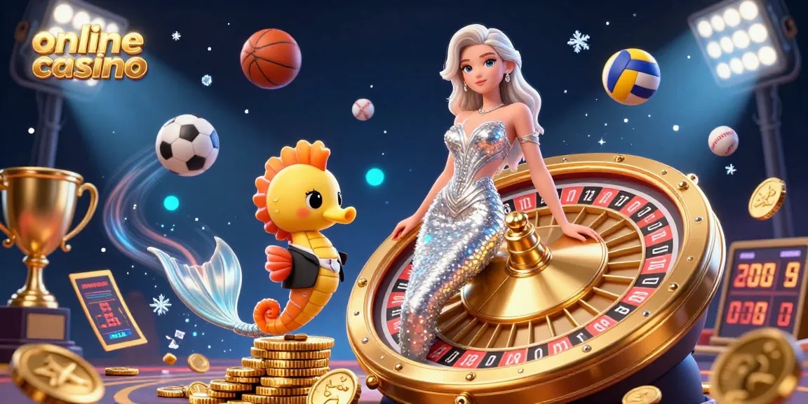 Engage with the exciting online casino scene featuring a glamorous woman beside a roulette wheel and a cute seahorse, showcasing dynamic gaming elements.