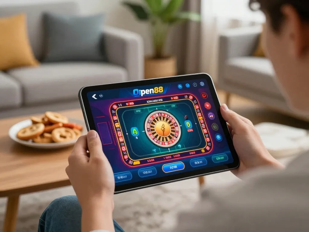 Engaging player using a tablet for online betting on open88 trang chủ in a cozy living room.