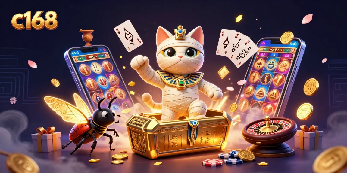 C168 players spin the reels of a dynamic slot game, winning big in an immersive casino scene.